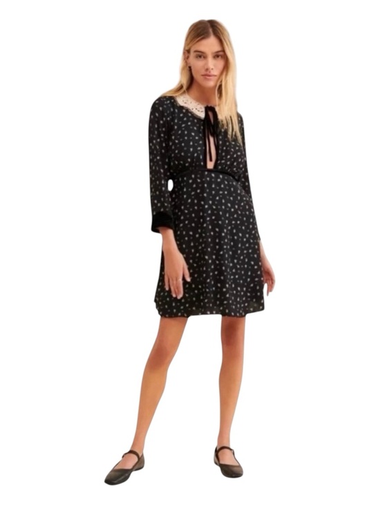 Free People Dresses & Skirts - FREE PEOPLE Sweet Delfina Black Lace Collar Mini Dress, Velvet Trim, Size L.